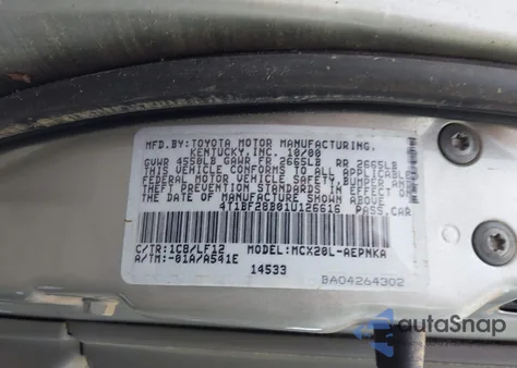 2001 Toyota Avalon Xl из США, поврежденный, VIN 4T1BF28B01U126616